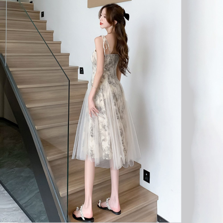 수묵 장미 나시 원피스 여 여름 2025 기품 디자인 프렌치 망사 미디스커트