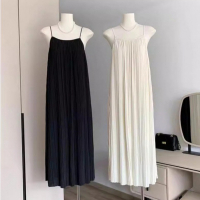 여성 여름 구김없는 플리츠 끈 나시 롱 원피스