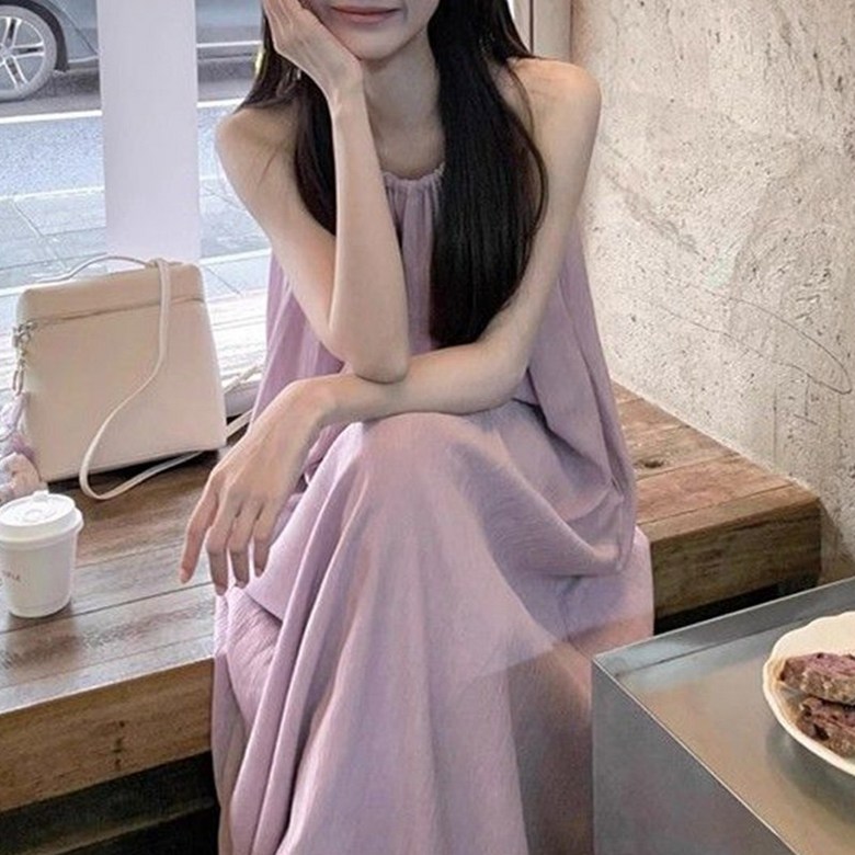 여성 민소매 비치웨어 롱 원피스 퍼플 홀터넥 나시