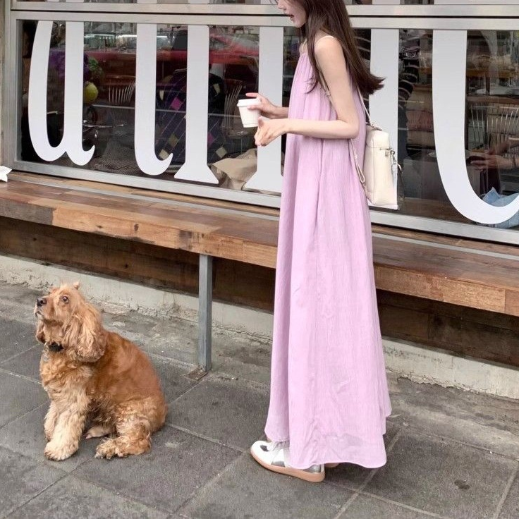 여성 민소매 비치웨어 롱 원피스 퍼플 홀터넥 나시