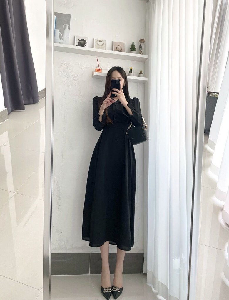 신상품 모던 칼라 원피스 벌룬 소매 슬림핏 A라인 스커트