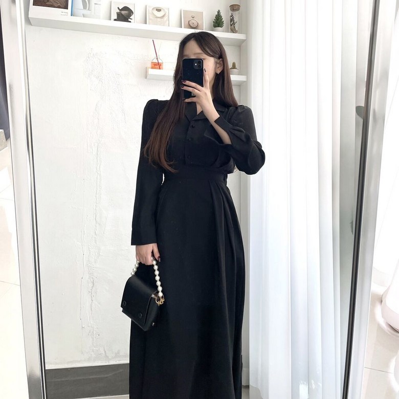 신상품 모던 칼라 원피스 벌룬 소매 슬림핏 A라인 스커트